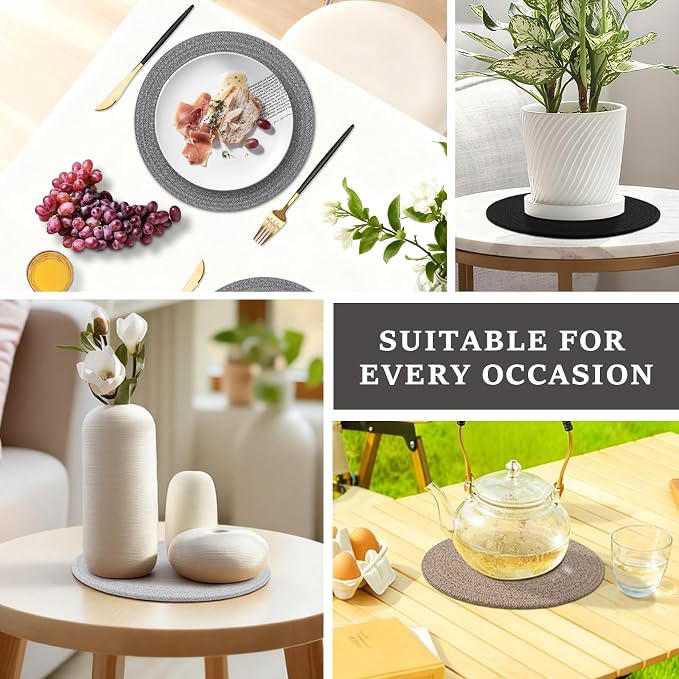 Round Placemats Set of 6, Cotton Rope Woven Table Mats, Hot Pads for Kitchen, Non Slip Heat Resistant Place Mats, 13 Inches Braided Placemat for Farmhouse Decor and Kitchen Table Decor (Black)