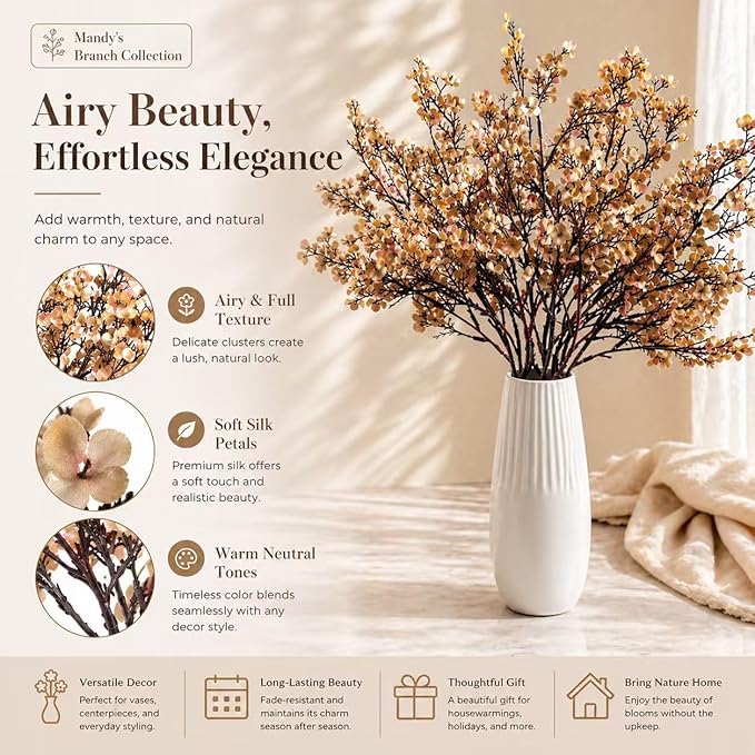 Mandy's Light Brown Artificial Baby’s Breath Flowers 6 Bundles Silk Gypsophila, 18.5 Inch European Style Modern Home Decor Centerpiece, Neutral Wedding Flower Arrangements