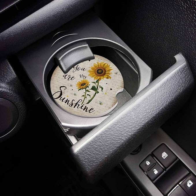 Small Car Coasters for Cup Holders 2.65" Absorbent 2 Pack Car Coaster Ceramic Stone for Drinks Absorb Water Drops Sunflowers You are My Sunshine