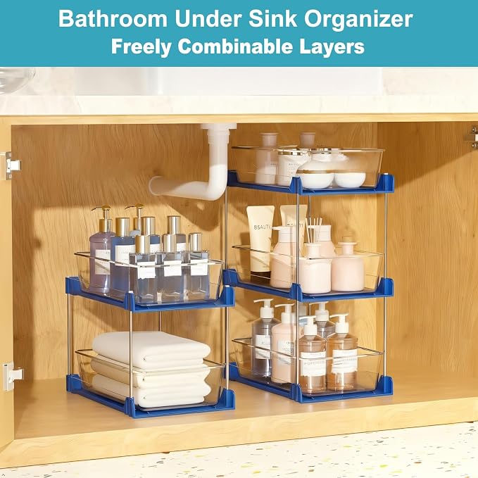 2 Pack Bathroom Organizer,2 Tier Blue Under Sink Organizers Vanity Countertop Storage Container,Cabinet Drawers Bins, Pull-Out Organization with Track for Pantry, Kitchen