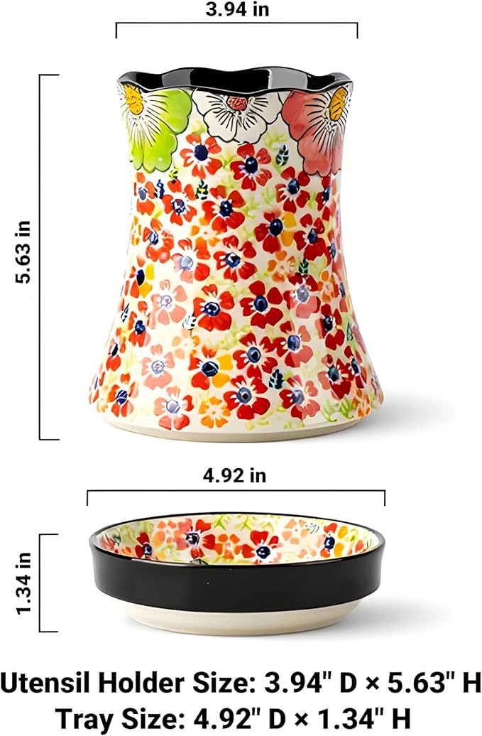 Utensil Holder for Kitchen Counter, Large Ceramic Utensil Holder Crock with Drain Tray, Hand-Painted Floral Rustic Farmhouse Kitchen Crock, Perfect for Women, Christmas, Hostess Gifts & Fall Decor