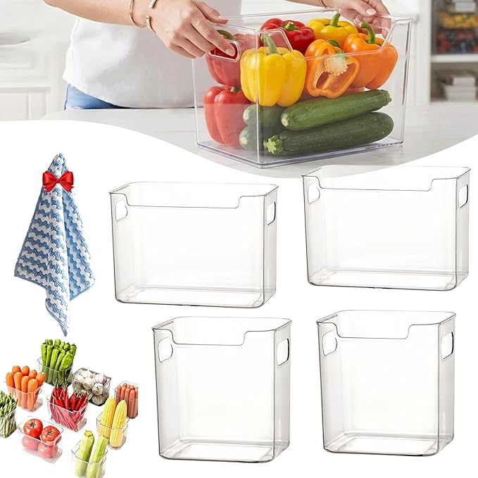 4 Pack Crystal Clear Freezer Storage Bins - Clear Plastic Storage Bins for Refrigerator & Pantry, Stackable Kitchen Cabinet Organizer with Handles for Frozen Food, Meat, Veggies (4*MixB)