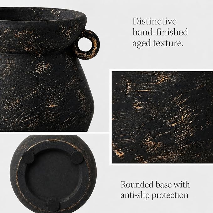 Rustic Utensil Holder for Kitchen Counter, 7.4” Tall x 6.2” Wide Farmhouse Ceramic Utensil Crock, Vintage Black Gold Stoneware Jar, Large Kitchen Utensil Holder, Housewarming Gift