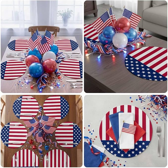 4th of July Round Placemats Set of 8 American Flag Place Mats Independence Day Woven Placemat Red White and Blue Star Stripes Circle Braided Table Mat for Kitchen Dining Table Party Decor 15 Inch