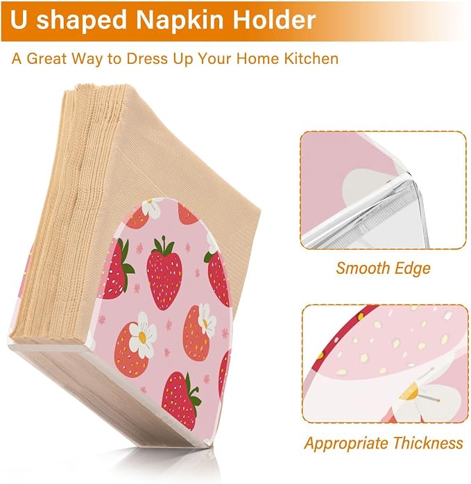 Fustylead Red Strawberry White Floral Pink Napkin Holder for Table Acrylic Vertical Napkin Holders for Paper Napkins Decor Napkin Dispenser for Home Party Dining Cocktail Kitchen Accessories, 2 Pack