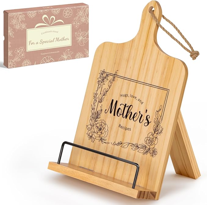 PUERSI Cookbook Stand, Kitchen Gifts for Mom, Wooden Recipe Book Holder, Happy Mothers Day Gifts, Adjustable Cook Book Stand for Kitchen Counter