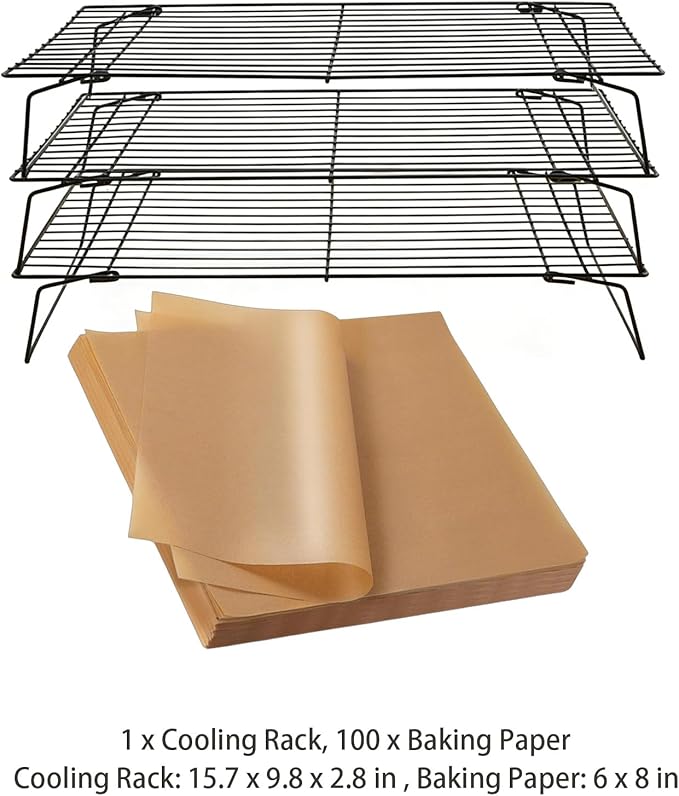 3-Tier Collapsible Cooling Rack for Baking, Stackable Cookie Rack with Detachable Design, Foldable Legs, Baking Sheets Set with 100 Pcs 6x8 Inch Baking Paper, 15.7x9.8 in Metal Cooling Rack
