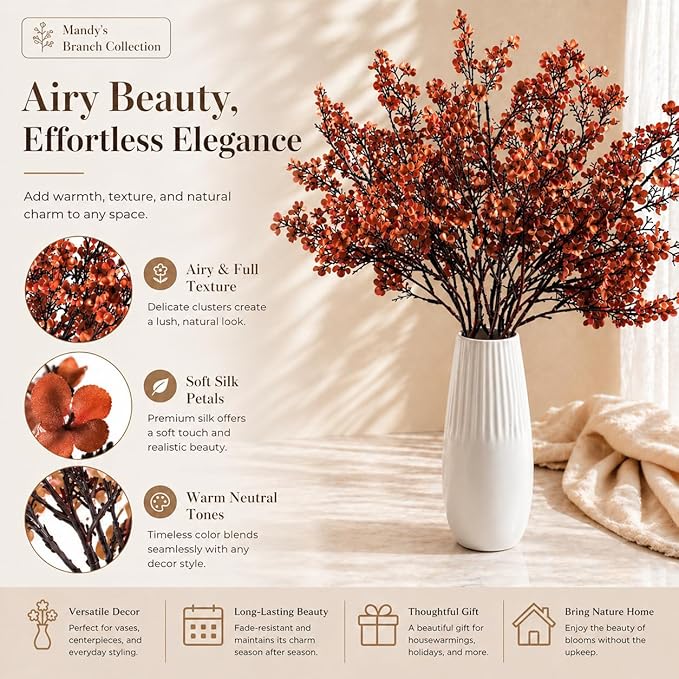 Mandy's Burnt Orange Artificial Baby’s Breath Flowers 6 Bundles Silk Gypsophila, 18.5 Inch European Style Modern Home Decor Centerpiece, Neutral Wedding Flower Arrangements