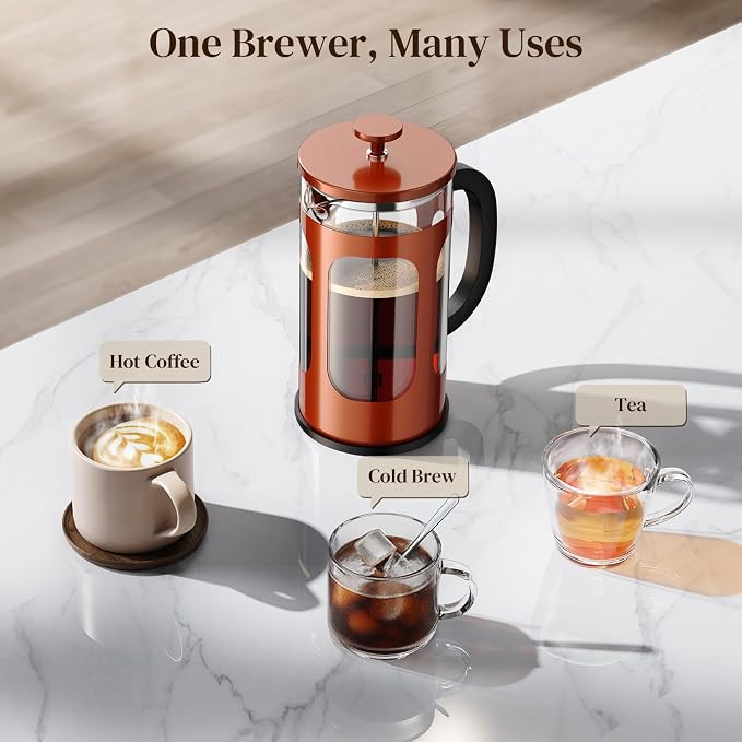 Veken French Press Coffee Maker,No Plastic Touching Cafe,34oz 1L Cafetera,Heat Resistant Thickened Borosilicate Glass Stainless Steel Brewer,Pot for Kitchen,Travel,Camping,Tea,Gifts,Copper (Pack of 2)