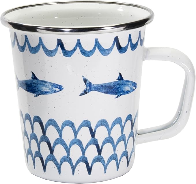 Golden Rabbit Enamelware Latte Coffee or Tea Mugs, 16 ounce, Fish Camp, Set of 4