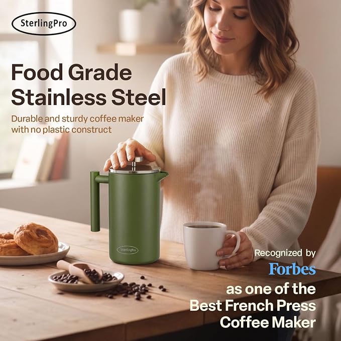 SterlingPro Non-Toxic Large Insulated Stainless Steel French Press Coffee Maker 51oz Capacity (44 oz Brew Yield) – Double Wall Metal Coffee Press | Cool-Touch | Green Finish | 12 Cups / 6 Mugs