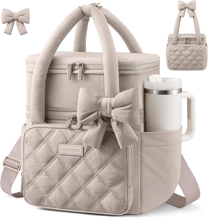 LOVEVOOK Insulated Lunch Bag Women,Expandable Double Deck Adult Lunch Box Women with Cup Holder,Bow Quilted Puffer Lunch Tote,Large Leakproof Collapsible Cooler Bag for Work College Picnic Meal Prep
