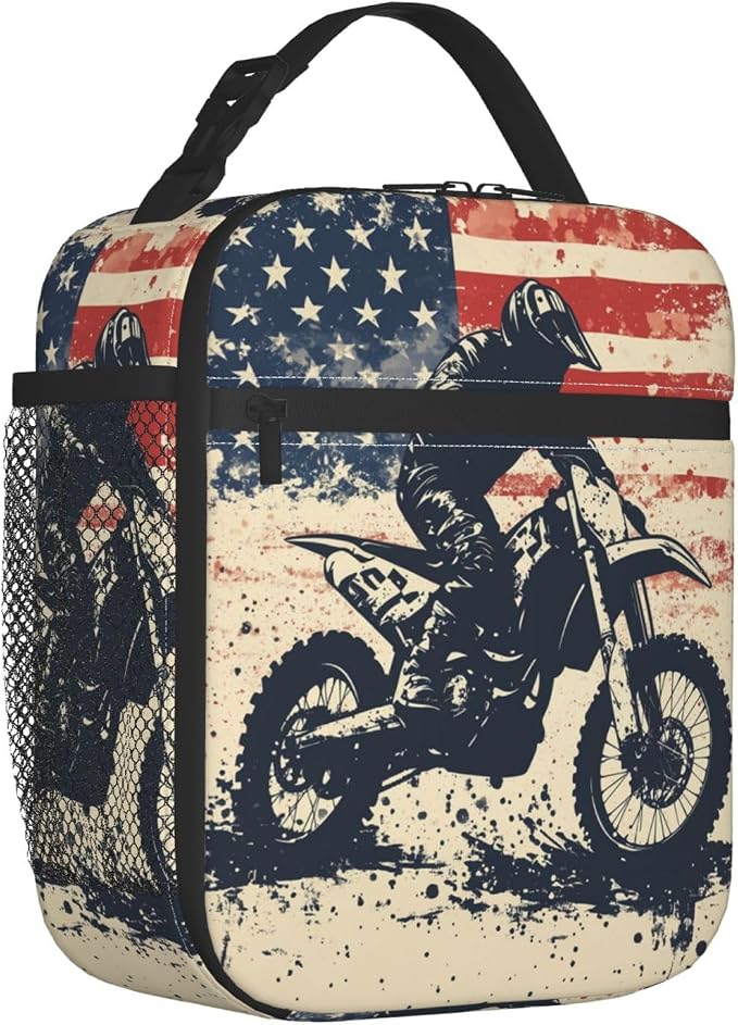 Dirt Bike Lunch Bag for Women Men Adults, Insulated Lunch Box for Work, Sports, Travel, Picnic,Hiking, Fishing, Motocross American Flag Theme Lunchbox Gifts