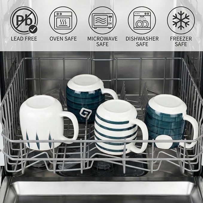 DEAYOU Set of 4 Porcelain Coffee Mugs, 17 Oz Ceramic Coffee Cups with Handles, Large Hand-Painted Tea Cups for Cappucino, Milk, Latte, Cocoa, Hot or Cold Drinks, Microwave & Dishwasher Safe