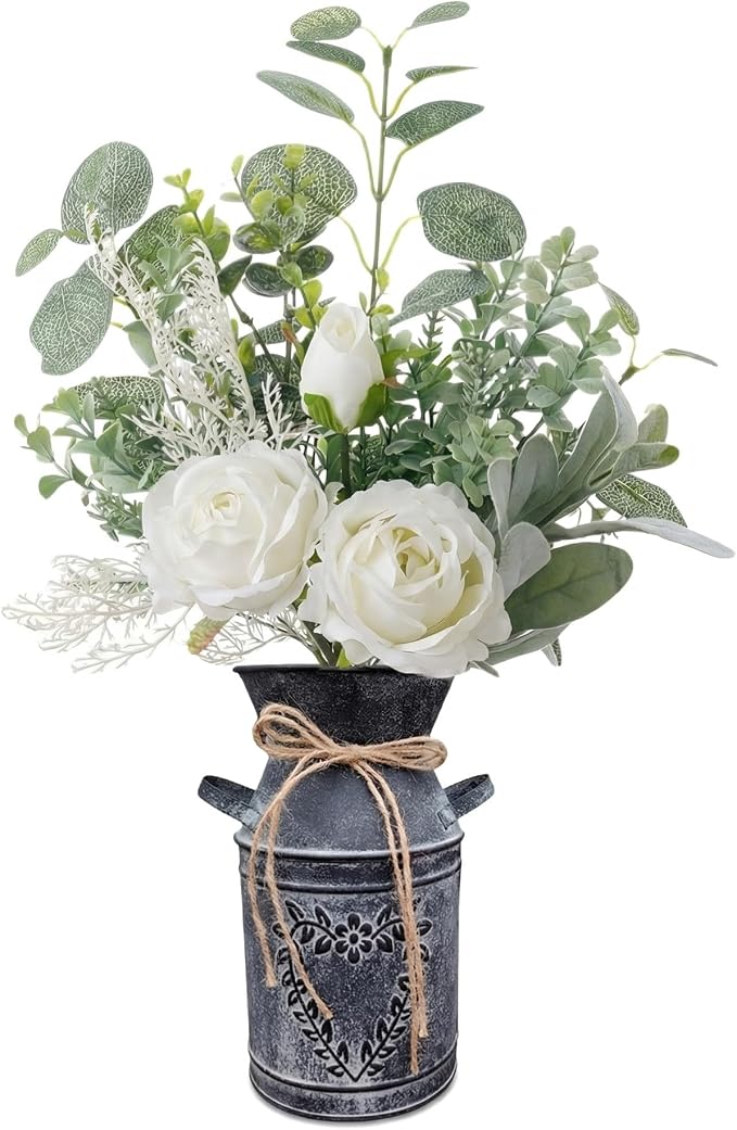 Faux Flowers in Vase 17.5" H Artificial Silk Roses Flower Fake Plants Eucalyptus Arrangement in Metal Vase Faux Silk Floral for Dining Table Centerpieces Home Office Decoration (White/Black Vase)