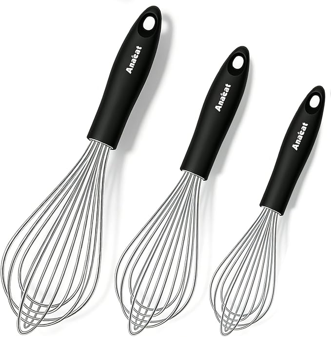 3 Packs Stainless Steel Whisk Set - Balloon Whisk, Anaeat Thick Stainless Steel Wire ＆ Strong Handles, Egg Beater for Cooking, Blending, Whisking, Beating and Stirring (9"+11"+12")