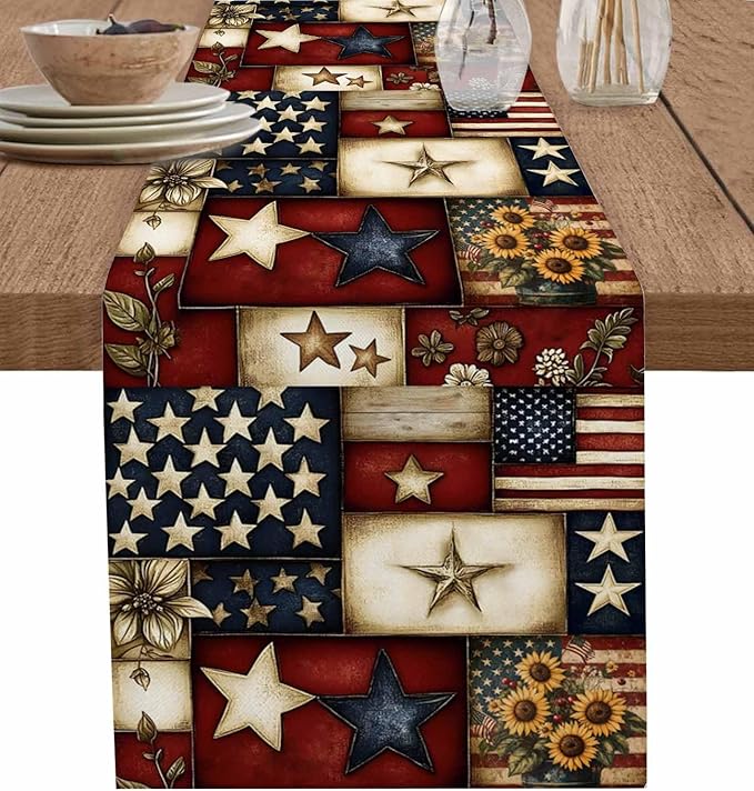 Red Blue American Flag Table Runner 60 Inch Long Dresser Scarves 4th of July Cotton Linen Tablerunners Patriotic Farmhouse Star Dining Kitchen Burlap Table Setting Decor for Party Holiday, 13"x60"