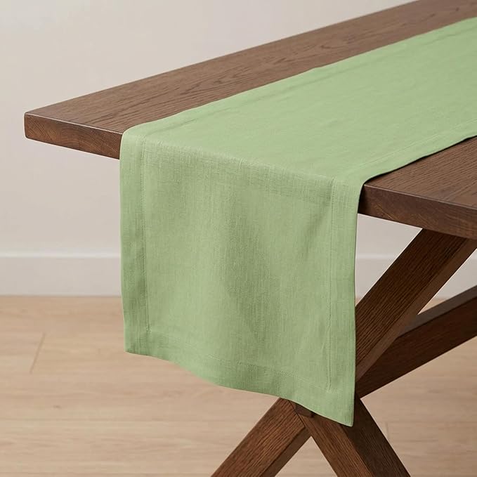 Solino Home Linen Table Runner 90 Inches Long - 100% Pure Linen Laurel Green Dining Table Runner 14 x 90 Inch for Spring, Summer - Fete