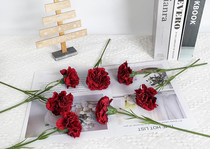 Red Carnations Artificial Flowers 15pcs Real Touch Carnation Flowers Silk Flowers with Stems for Wedding Bouquets for Bridal Home Table Centerpieces Floral Arrangements (Red)