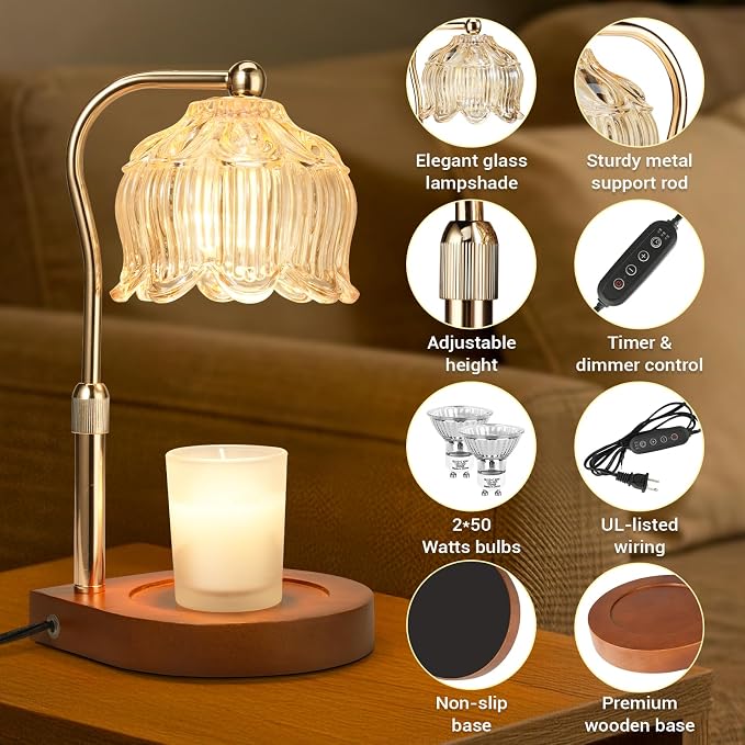 Candle Warmer Lamp with Timer Dimmer, Adjustable Height Candle Lamp Warmer for Jar Candles, Flower Glass Wax Melt Warmer with 2 Bulbs, Flameless Home Decor Gifts for Women Mom, Housewarming