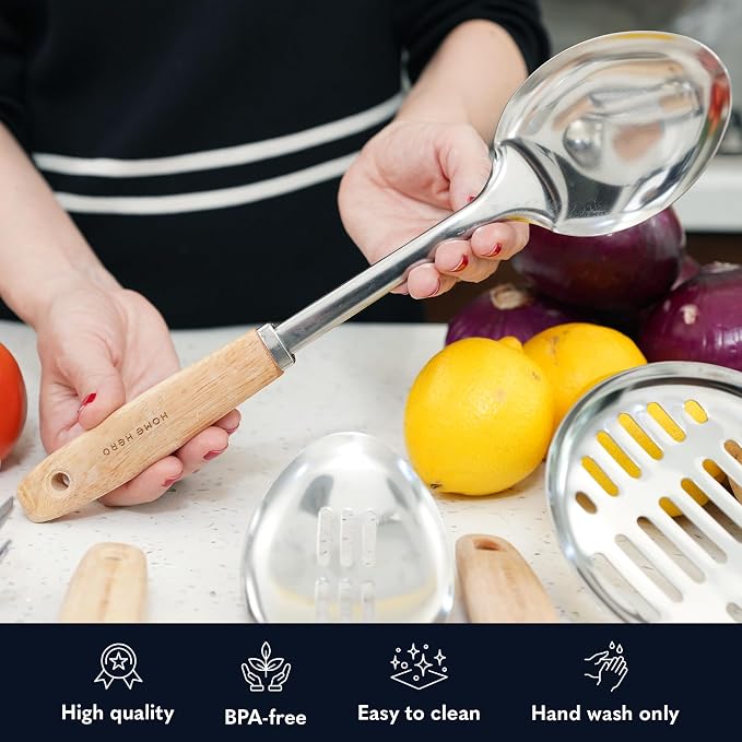 Home Hero Stainless Steel Kitchen Utensils Set - Wood Handle Nonstick Stainless Steel Cooking Utensils Set - Heat Resistant Kitchen Essentials & Metal Kitchen Gadgets (Silver & Wood)