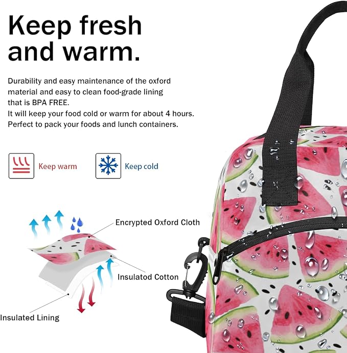 Watermelon Insulated Lunch Bag for Women Men Reusable Lunch Box Cooler Bag Large Leakproof Lunch Tote with Adjustable Shoulder Strap for Adult Work Picnic Camping Beach Office