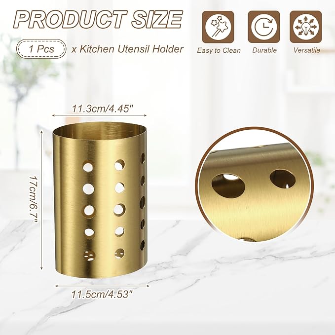 uxcell Kitchen Utensil Holder, 4.53x6.7 Stainless Steel Utensil Cutlery Holder Oval Flatware Organizer with Drain Hole for Kitchen Restaurant Countertop Straw, Spoon, Chopstick, Gold