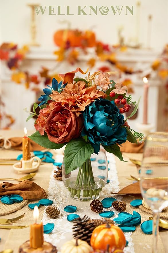 Artificial Flowers in Vase with Fake Water, Faux Silk Peony Dahlia Bouquet, Teal Burnt Orange Flowers Arrangement for Dining Table Centerpiece Wedding Party Spring Home Decor & Birthday Gift