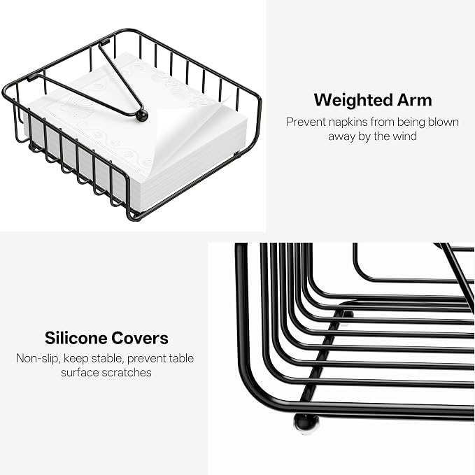 2 Pack Napkin Holder for Table with Weighted Arm, Dinner Metal Flat Napkin Holders for Paper Napkins, Outdoor Napkin Dispenser Restaurant (Black)