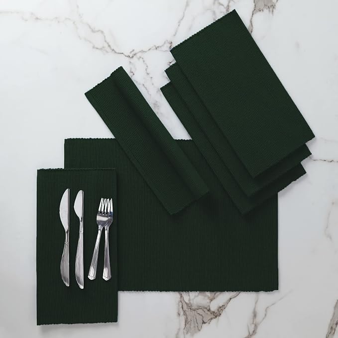 Encasa XO Dining Placemat Set of 6 | Dark Green Color | Fine Ribbed Cotton Table mat | Size 19x13 in | Machine Washable