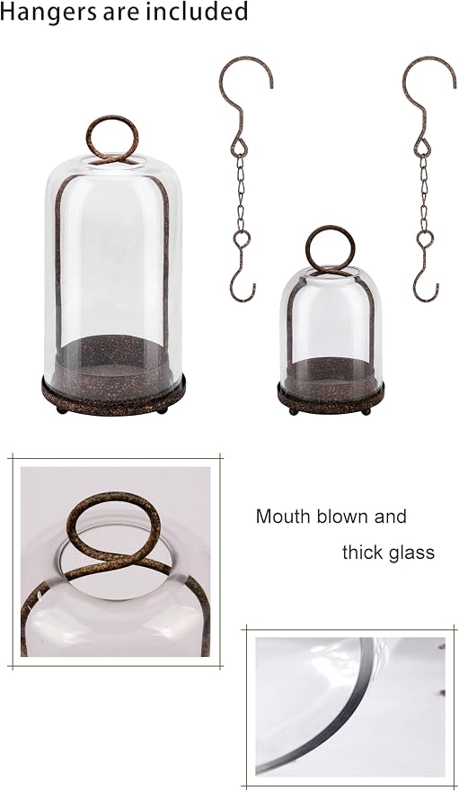 6" & 4" Wide Versatile Modern Metal Hurricane Lantern with Handmade Sturdy Glass Dome in Rustic Brown for Pillar Candle & Plants, Industrial, Farmhouse, Shabby Chic (Brown, 4"x7.5" &6.3"x11.2")