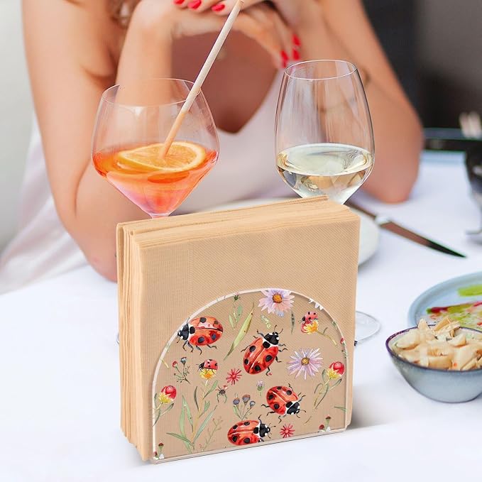 Fustylead Floral Ladybug Napkin Holder for Table Acrylic Vertical Napkin Holders for Paper Napkins Red Ladybugs&Daisies Decorative Napkin Dispenser for Home Party Dining Cocktail Kitchen Accessories