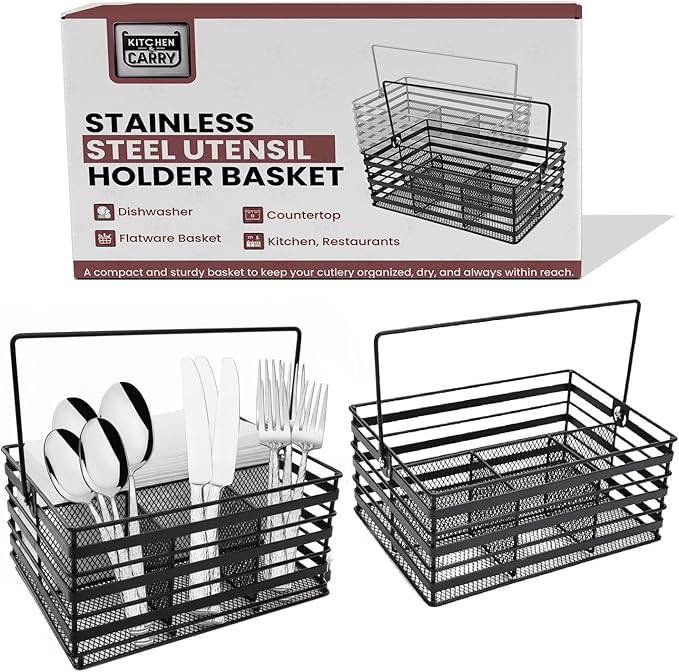 Stainless Steel Utensil Basket,Dishwasher , Flatware Basket, Kitchen, Countertop, Office, Camping, Outdoors, and Restaurants, 4-Compartment, Black