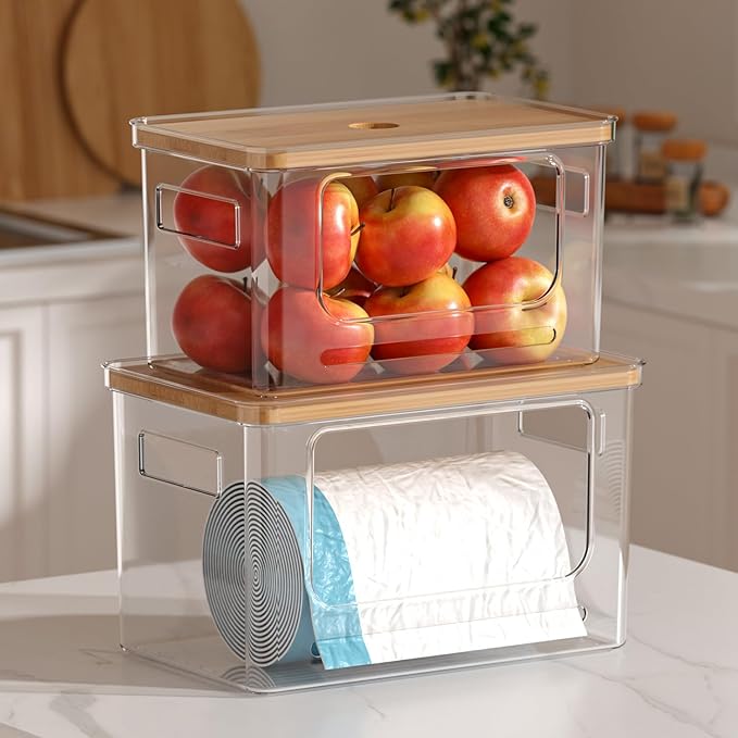 Trash Bag Holder Dispenser with Bamboo Lid, 2 Pack Clear Stackable Plastic Grocery Bag Holder for Home Kitchen Pantry Countertop, Medium & Large Wall Mounted Storage Bins for Onion Potato Storage