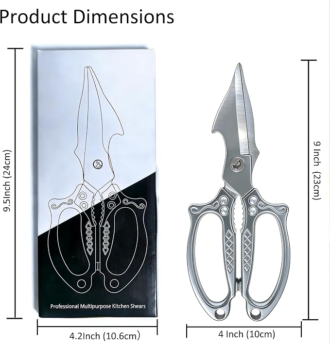 Silver Kitchen Shears Heavy Duty Stainless Steel, Multipurpose Cooking Scissors for Meat, Chicken, Poultry & Vegetables, Sharp Food Scissors for Kitchen Use