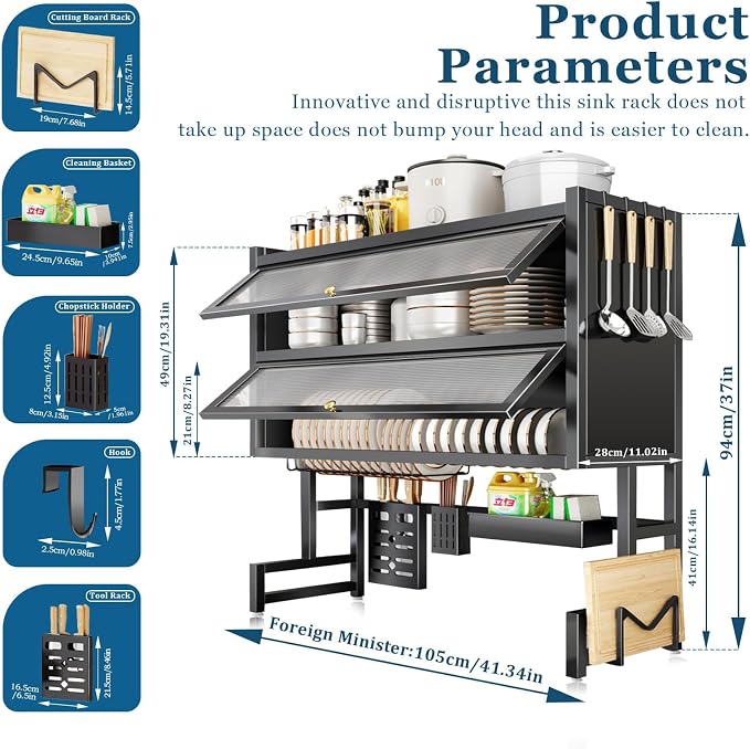 4-Tier Dish Drying Rack with Cover – Above Sink Kitchen Storage Rack, Large Space-Saving Shelf for Dishes, Glasses, Bowls & Cutlery, Black (W-40'')