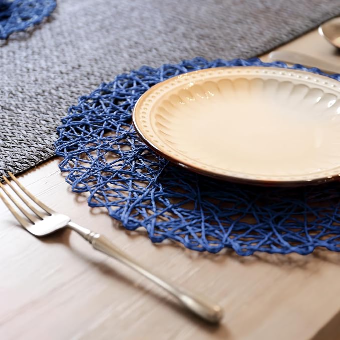 AHHFSMEI Paper Braided Round Placemats Set of 12 Natural Non-Slip Heat Resistant Table Mats for Dining Tables Farmhouse Woven Indoor Outdoor Place mats (Blue,12)