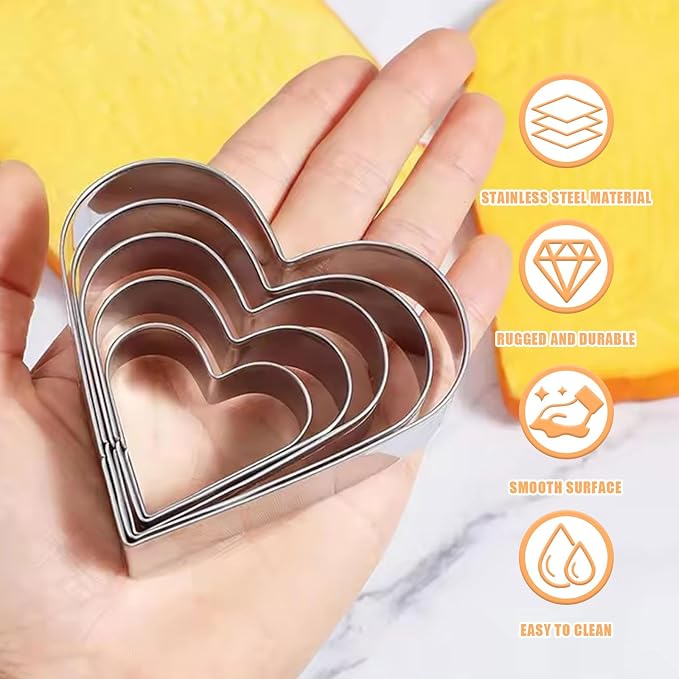 Stainless Steel Cookie Cutter Set, 5 PCS Heart Sandwiches Cutters Biscuit Molds,Geometric Frame Cookie Cutters Pastry Molds Perfect for Holiday Baking (Heart)