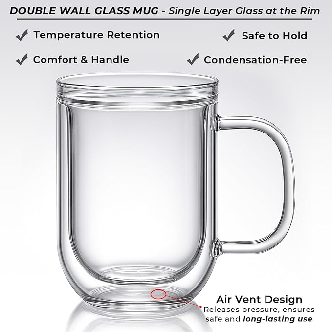 Aquach 16oz Double Walled Glass Coffee Mugs Set of 2, Insulated Teacups | Dishwasher/Microwave Safe, Borosilicate Glass, Double-walled, Smooth Rim, Comfort Handle, Sweat-proof Grip