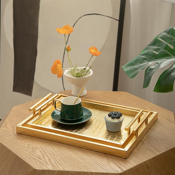 Set of 2 Modern Elegant Large Wood Serving Tray, Rectangle Decorative Tray Ottoman Tay Coffee Table Tray, Gold Crocodile Leather with Gold Polished Metal Handles