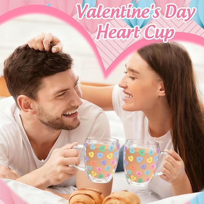 JarThenaAMCS Valentine' s Day Double Wall Glass Coffee Mugs Insulated Glasses 12Oz Candy Conversation Heart Clear Espresso Cups with Handle for Home Holiday Supplies, Set of 2