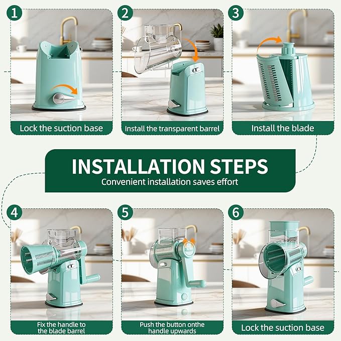 The CoveCarol rotary cheese grater comes with 5 blades and 3 tools: a round mandolin slicer and a food shredder. Suitable for fruits, vegetables, nuts, etc., it includes a blade storage box. (Green)