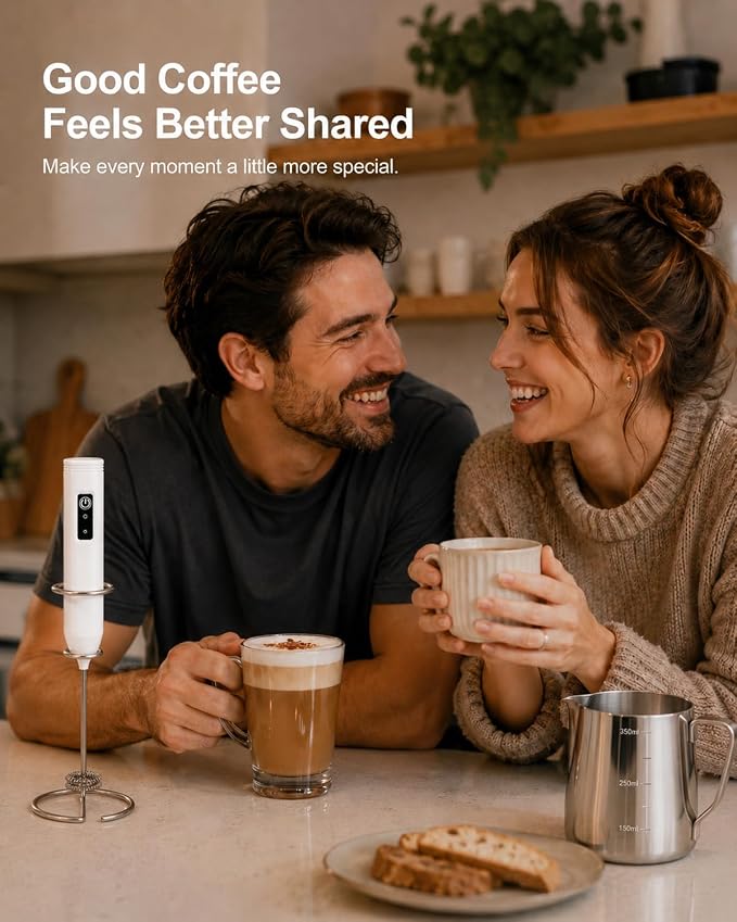Electric Coffee Frother Handheld, USB Rechargeable Coffee Mixer Wand with Stand and 350ml Milk Frother Cup, Whisk Set for Latte Art, Cappuccino, Espresso