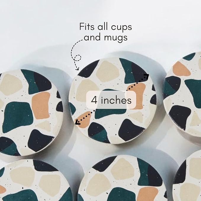 Terrazzo Coasters Set of 6, Ceramic Absorbent Drink Coasters, Cute Mid Century Boho Coaster, Coffee Table Desk Decor, Colorful Stone Coaster for Drinks