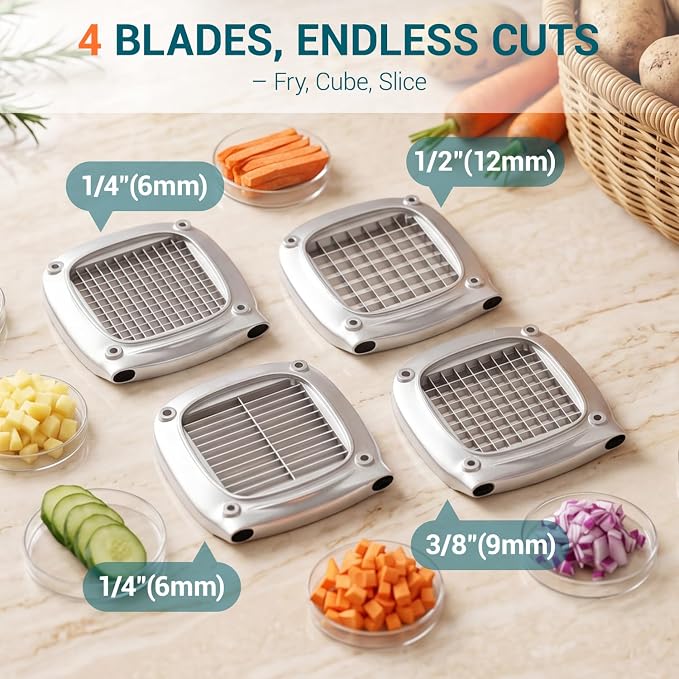 Sopito Professional Stainless Steel French Fry Cutter, 3 Blades (1/2", 3/8", 1/4") & Slicing Blades for Potatoes, Carrots, Apples, Commercial & Home Use