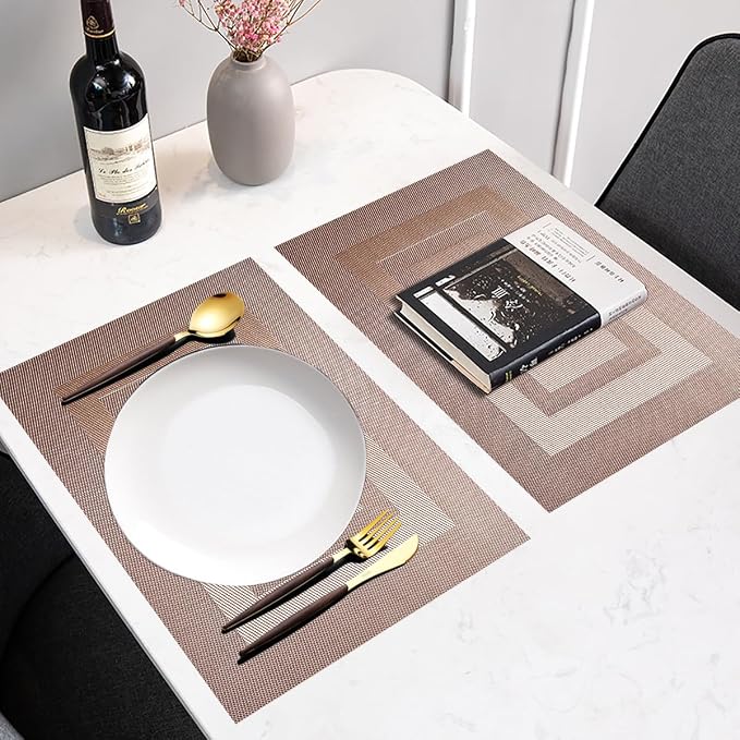 PIGCHCY Placemats Set of 6,Washable Woven Vinyl Kitchen Table Mats Non Slip Durable Placemats,Heat Resistant Placemats for Dining Table (Champagne)