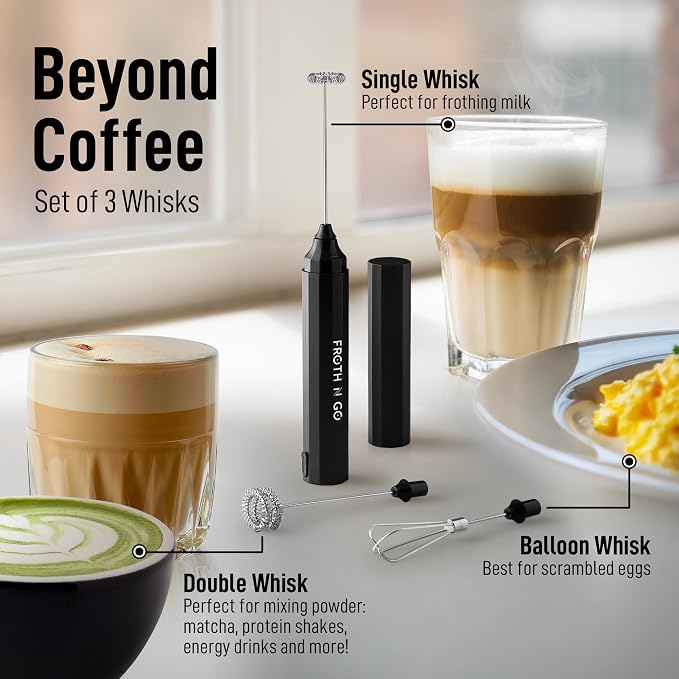 Zulay Froth N Go Milk Frother – 3-in-1 Handheld Frother Wand with Travel Case & USB-C Charger – Single, Double & Egg Whisk for Latte, Cappuccino, Matcha, Protein Shakes - Deep Black