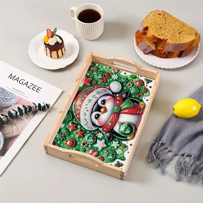 DIY Diamond Serving Tray Rectangular Breakfast Tray with Handle Handmade Diamond Art Painting Wooden Tray for Dinner Plate Coffee Room Living Home Organizer-Penguin