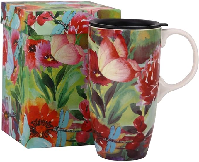 DUSVALLY 17oz Ceramic Coffee Mug with Lid & Handle – Large Travel Mug for Men Women, Microwave & Dishwasher Safe, Red Flowers – Ideal for Office, Home & Gift Giving