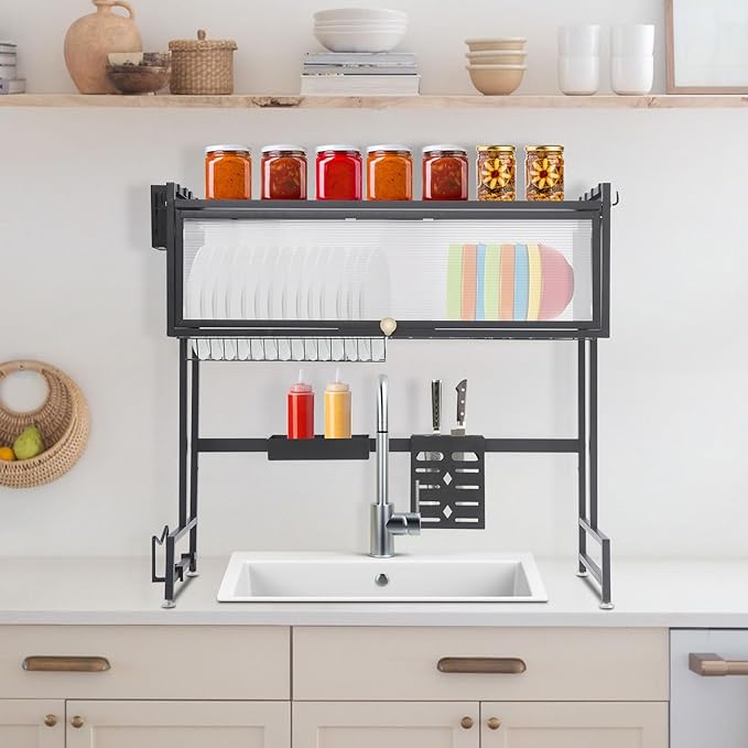 Over The Sink Dish Drying Rack,3 Tier Over The Sink Dish Drainer Drying Rack with Cover, for Kitchen Counter for Dishes, Glasses, Bowls